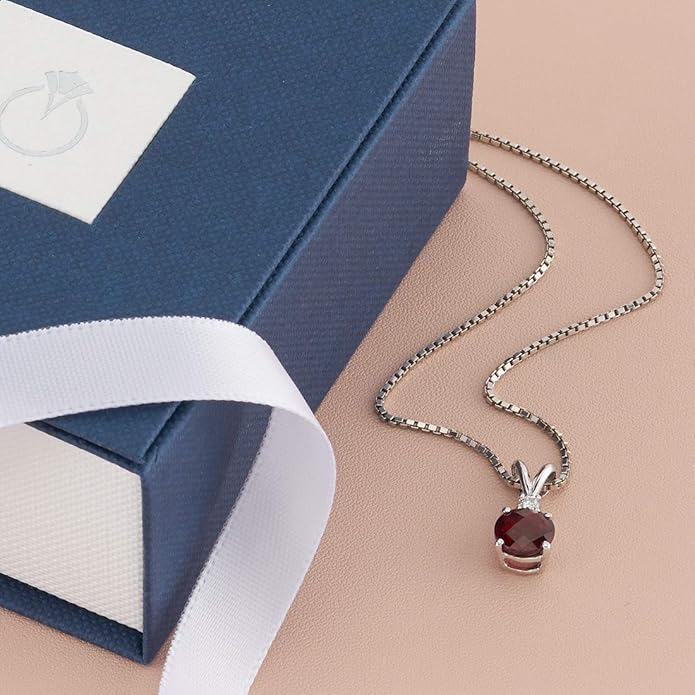 PEORA 14K White Gold Garnet and Diamond Pendant, Genuine Gemstone Elegant Solitaire, Round Shape, 6.50mm, 1.40 Carats total, Valentine's Gift for Her, Wife, Sister, Women Gift Ideas w/Jewelry Box