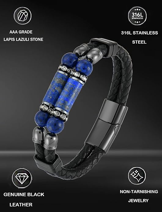 Lapis Lazuli Bracelets for Men Leather Black Bracelet