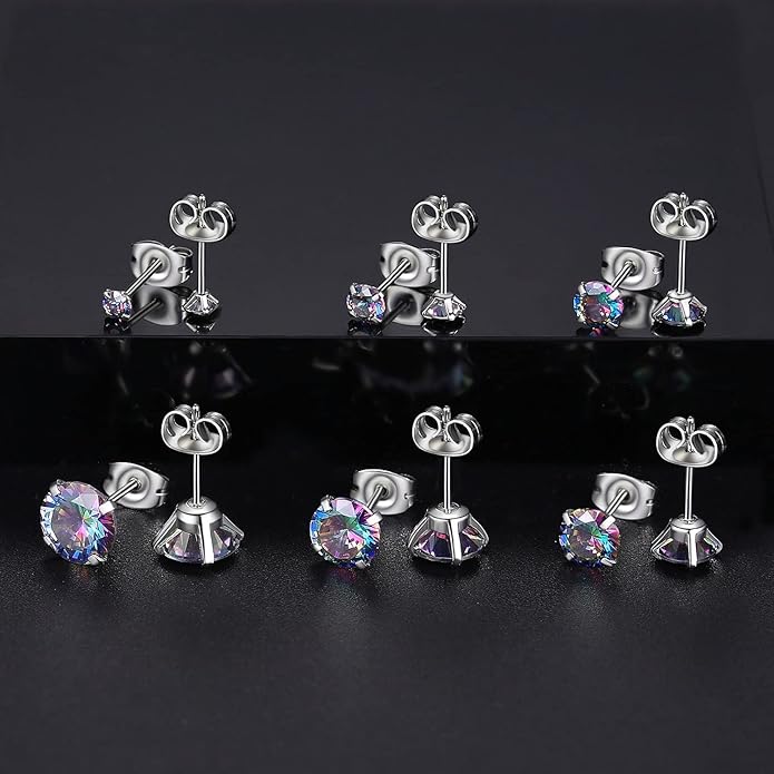 6 Pairs Stud Earrings Set, Hypoallergenic Cubic Zirconia Earrings 316L Stainless Steel CZ Earrings 3-8mm
