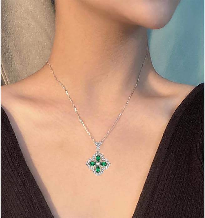 VONSSY Four Leaf Clover Necklace Earrings Shamrock Irish ST Patricks Jewelry Set Gift Green Emerald Zircon Crystal Stud 18k Gold Plated Chain Saint Pendant for Woman Wife Girlfriend