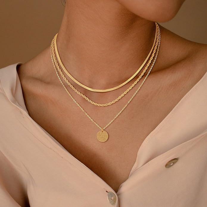 CHESKY 14K Gold Plated Layered Necklaces for Women,Dainty Gold/Silver Plated Chain Necklace CZ Pendant Necklace Adjustable Layering Choker Necklace jewelry Gifts