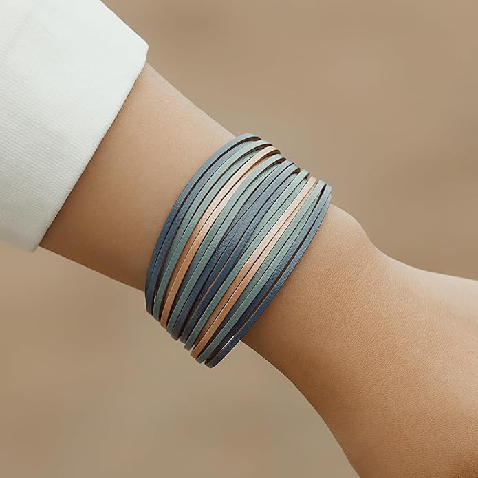 FANCY SHINY Boho Leather Wrap Bracelet Stackable Layered Bangle Cuff with Magnetic Clasp