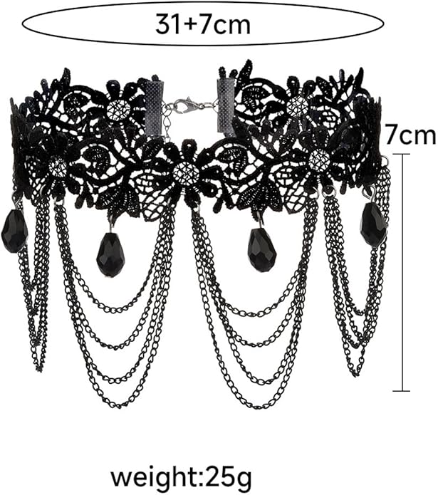 Vintage Lace Choker Necklace for Women Gothic Style Black Crystal Hollowed Out Necklace Statement Layered Tassels Necklace Victoria Halloween Vampire Jewelry
