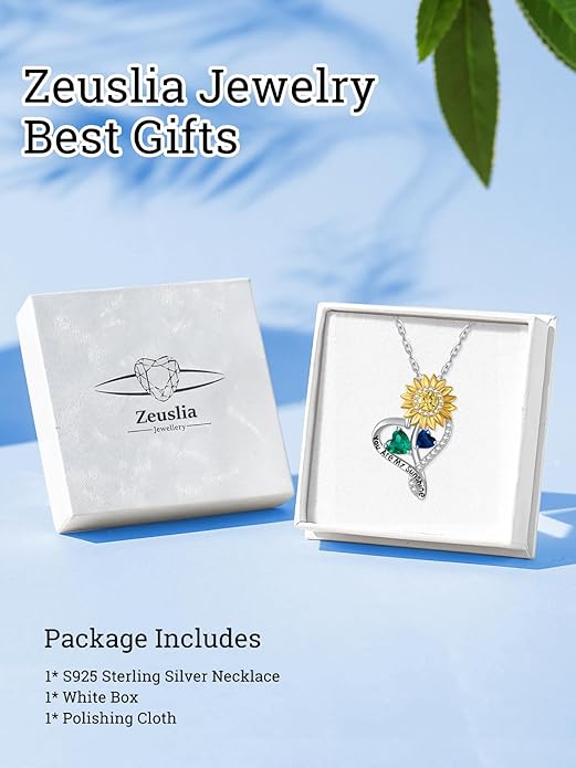 Zeuslia Double Birthstone Necklace Gifts for Wife - 925 Sterling Silver Sunflower/Rose/Crown Cross/Compass/Heart Pendant I Love You Necklace, Anniversary Birthday Gifts for Wife Girlfriend Mom Her