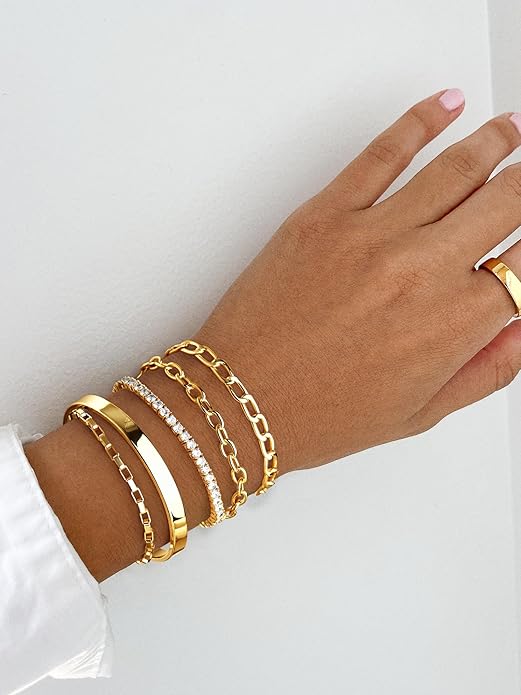 Gold Bracelets for Women Non Tainish,Dainty Bracelets Stack for Women Trendy, Gold Plated Cuff Bracelets Stack With Beaded Cuban Paperclip Snake Rope Bangle Hand Chain Jewelry Gifts for Women