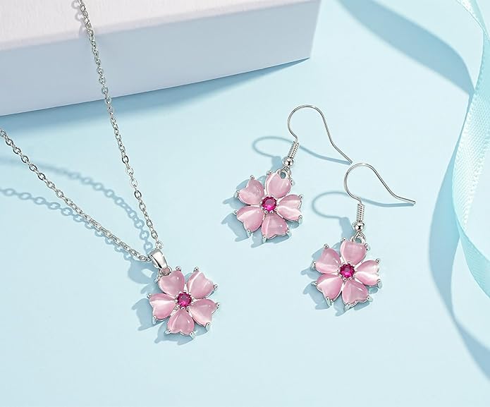 VONSSY Elegant Cherry Blossom Necklace Earrings Pink Cats Eye Flower Flora Sakura Gemstone Crystal Pendant 18k Gold Plated Chain Jewelry Set Gift for Woman Wife Girlfriend