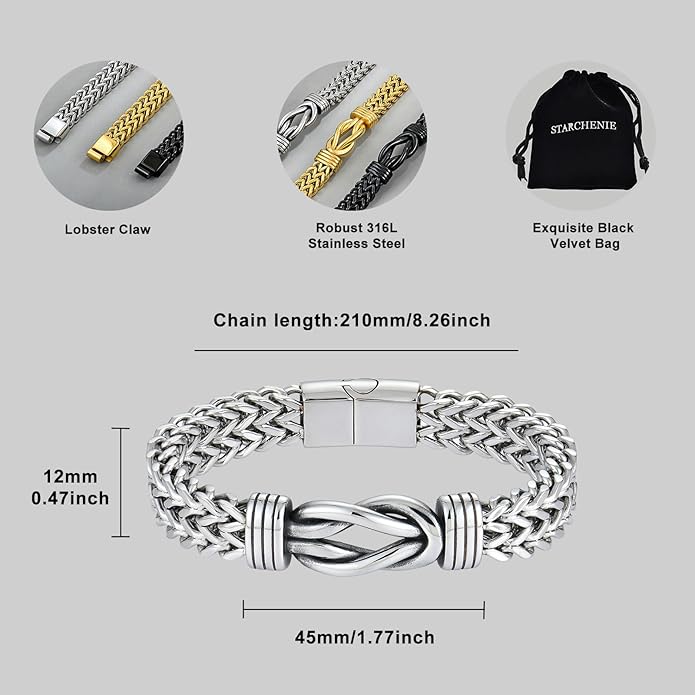 STARCHENIE Infinity Knot Bracelet for Men 316L Stainless Steel Double Layered Braided Franco Chain Bracelet