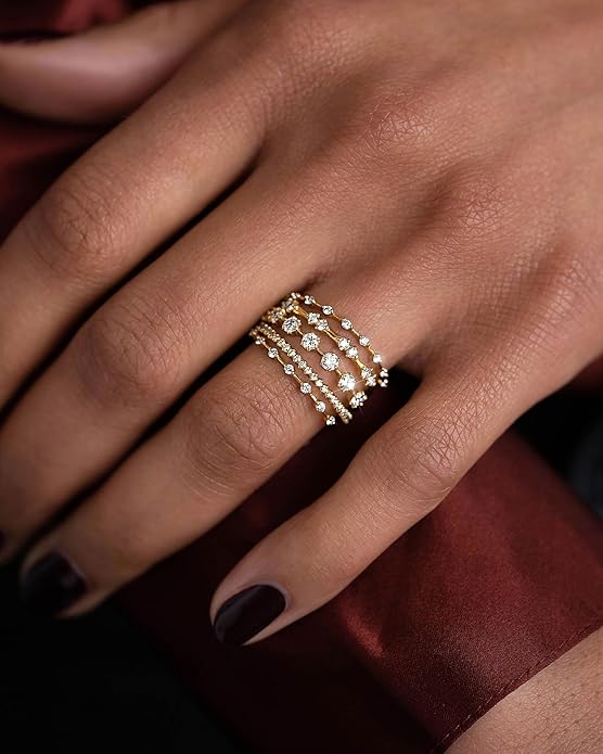 FUNEIA Stackable Silver Gold Rings for Women Non Tarnish 14K Gold Plated Thumb Cubic Zirconia Rings for Women Dainty Pinky Promise Wedding Ring Set Women's Engagement Eternity Band Rings Gold Jewelry