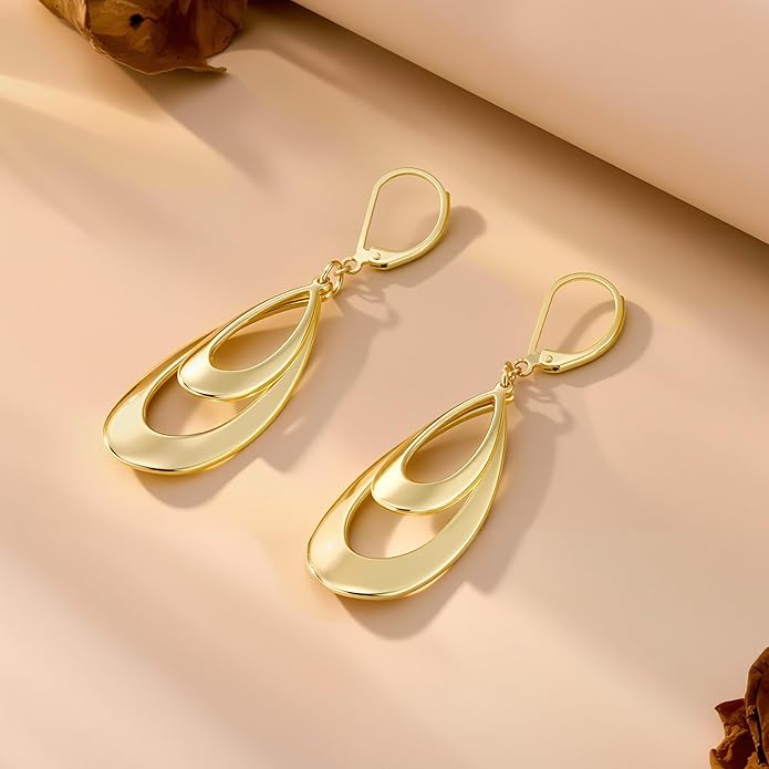 ALEXCRAFT 925 Sterling Silver & 14K Gold Plated Teardrop Dangle Earrings Double Teardrop Leverback Dangle Earrings for Women Hypoallergenic Trendy Prom Fashion Jewelry Gifts
