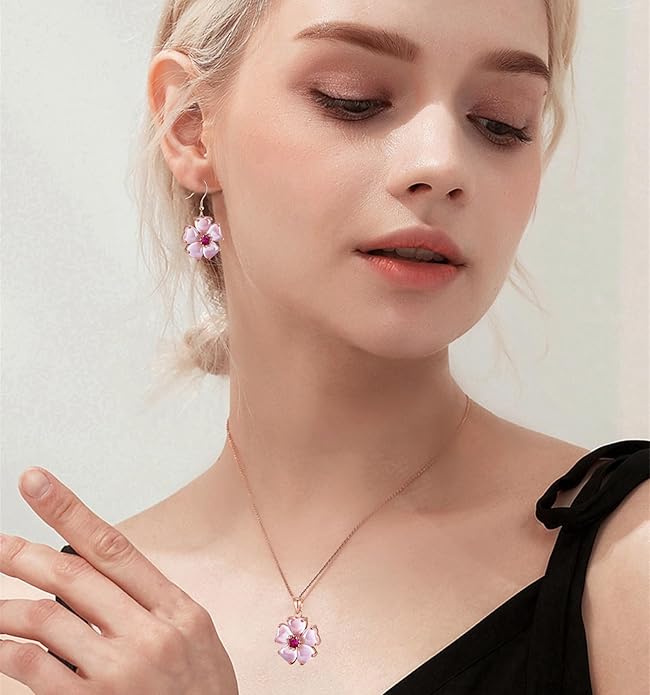 VONSSY Elegant Cherry Blossom Necklace Earrings Pink Cats Eye Flower Flora Sakura Gemstone Crystal Pendant 18k Gold Plated Chain Jewelry Set Gift for Woman Wife Girlfriend