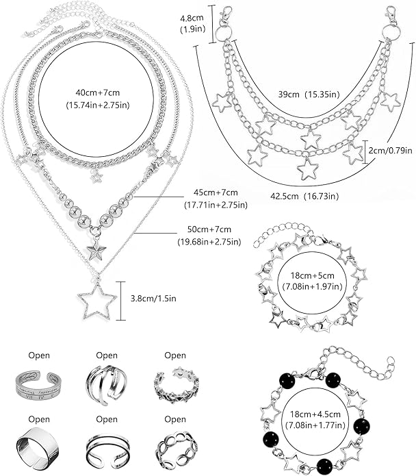 Molirex 12 Pcs Y2k Accessories Set Grunge Layered Necklace, 3 Star Chains with 6 Rings Vintage Silver Jewelry for Women