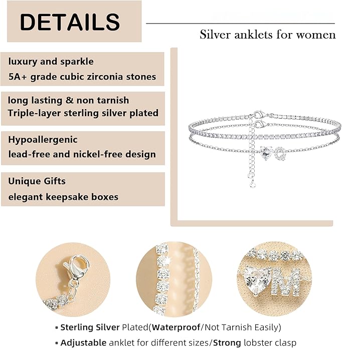 Heart Initial Silver Anklets for Women Waterproof Dainty Silver Plated ankle bracelets for women Large Ankle Women's Anklets Tennis ankle bracelets Non Tarnish Summer Beach Foot Jewelry