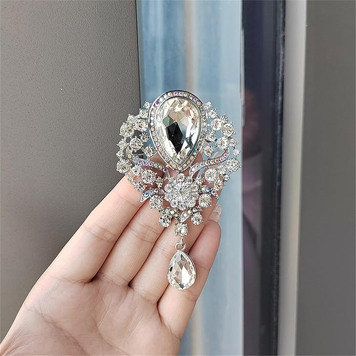 WCRAZYE Rhinestone Bridal Brooch for Women Delicate Sparkly Crystal Bouquet Flower Teardrop Brooch Pin Elegant Large Gorgeous Bouquet Brooch Pin Clothing Hat Bag Accessories Christmas Wedding Bridal Birthday Jewelry