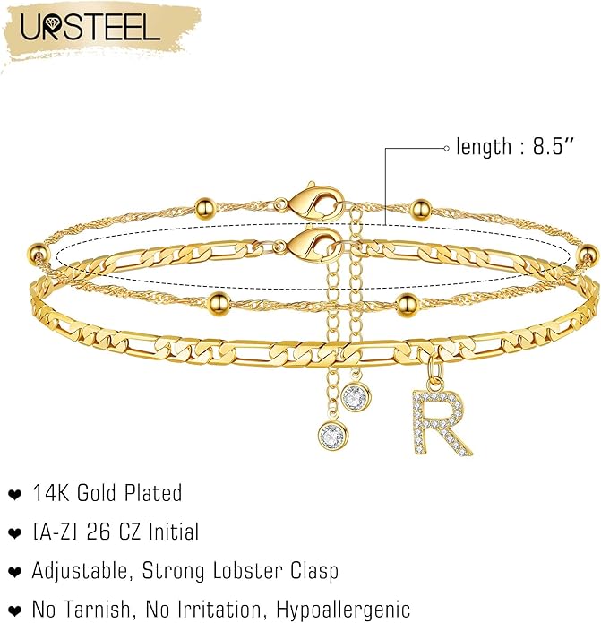 Ursteel Ankle Bracelets for Women, 14K Gold Plated Dainty Layered Chain CZ Initial Anklets Summer Jewelry Gifts for Women