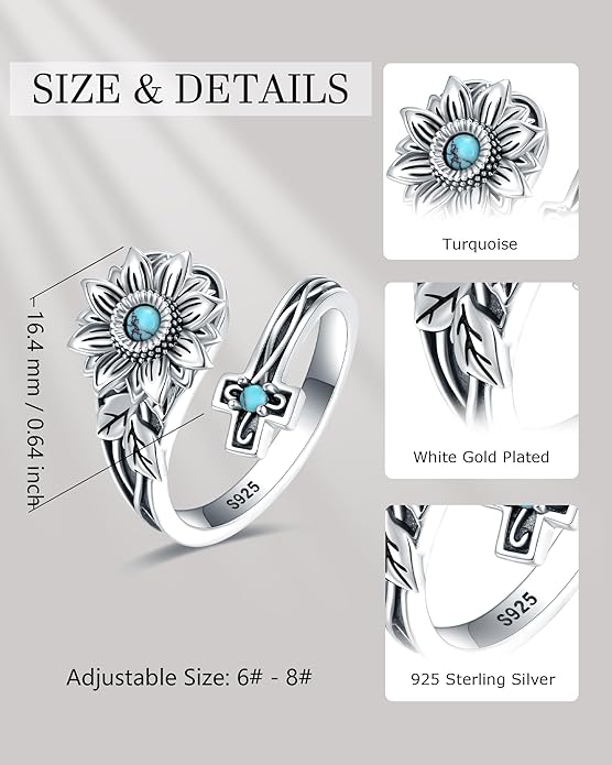 S925-Sterling-Silver Abalone Dragonfly-Turquoise Spoon Ring - Vintage Boho Sunflower Thumb Oxidized Wrap Rings Victorian Style Antique Floral Jewelry Gifts for Women