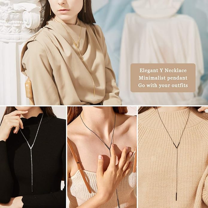 FOCALOOK Long Necklaces for Women 14K Gold Plated Dainty Drop Bar Pendant Lariat Y-Shaped Necklace Earring Set 28inch/73cm
