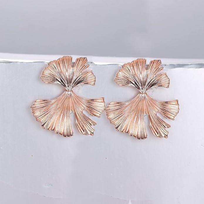 Ginkgo Leaf Flower Earrings, Gold Geometric Statement Earring, Big Fashion Design Boho Drop Dangle Earrings