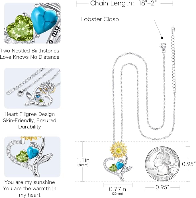 PERJI Valentine's Day Gifts for Women - 925 Sterling Silver Double Birthstone Sunflower Necklace, Anniversary Birthday Jewelry You are My Sunshine Gifts for Wife Couple Girlfriend 18"+2" Non Tarnish