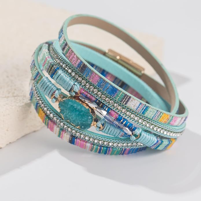 FANCY SHINY Leather Wrap Bracelet Boho Cuff Bangle Bracelets Crystal Bead Bracelet with Magnetic Clasp Jewelry Gifts for Women