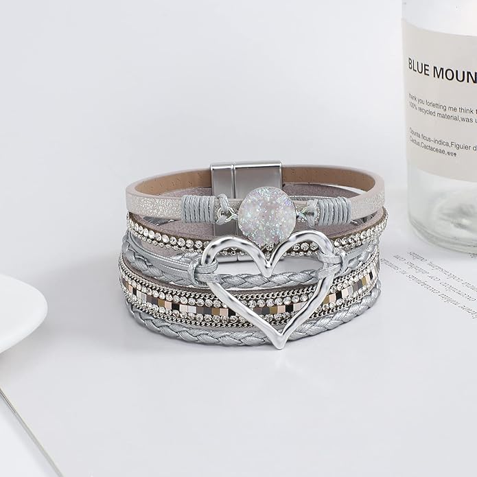 Leather Wrap Bracelet for Women Beaded Cuff Bracelet with Heart-shape Decor Bohemian Crystal Bracelet Jewelry with Clasp Bangle Bracelet for Women Girls Birthday Holiday Gift