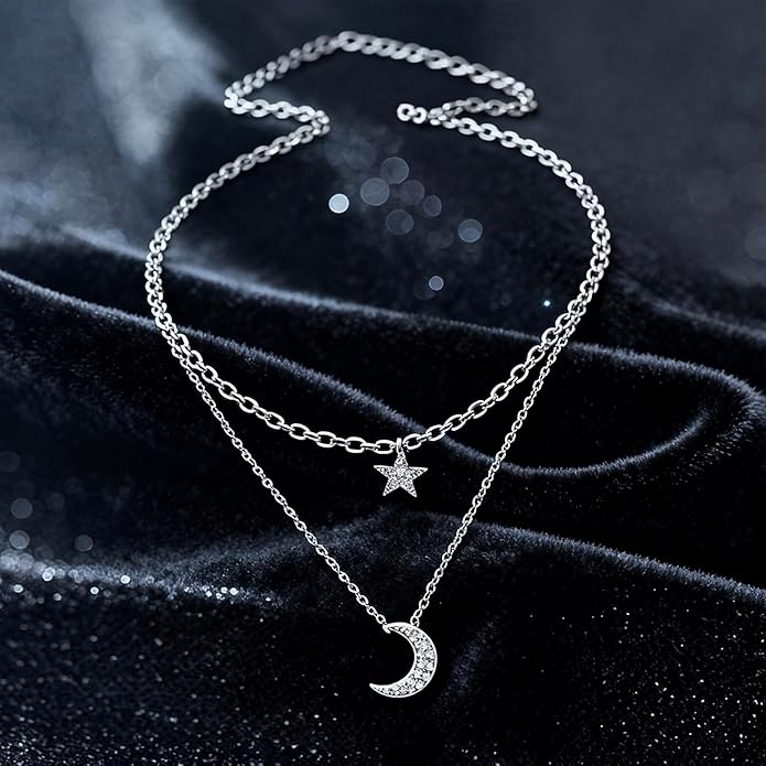 Layered Sliver Necklaces for Women - Dainty Sliver Plated Moon Star Pendant Choker, Adjustable Stackable Dainty Chain Jewelry Set,Trendy Jewelry Gift