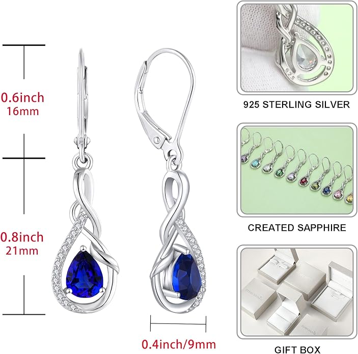 STARCHENIE 925 Sterling Silver Necklace Dangle Earrings for Women Infinity Twisted Teardrop Pendant September Birthstone Created Sapphire Jewelry Set