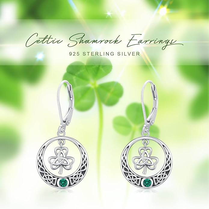 JUSTKIDSTOY St Patricks Day Earrings Gifts 925 Sterling Silver Four Leaf Clover Shamrock Earrings Irish Jewelry for Women Girls
