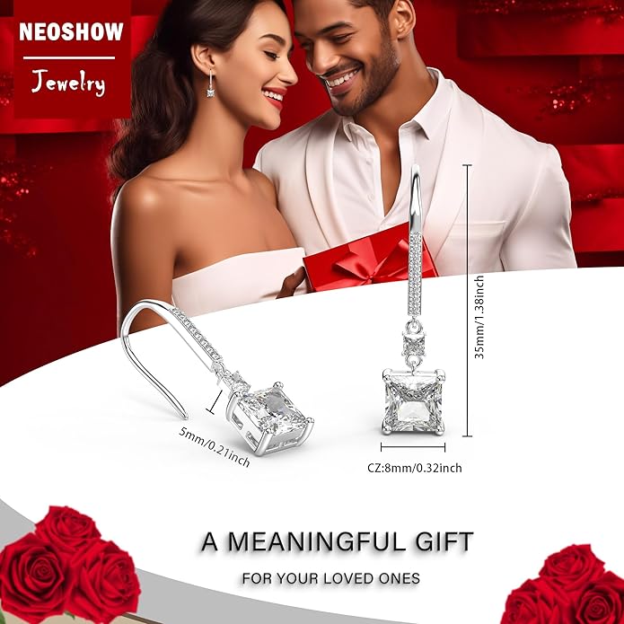 18K White Gold Plated Sterling Silver Square Princess Cut Cubic Zirconia Dangle Earrings for Women Square CZ Diamond Drop Dangling Earrings for Women Mom Hypoallergenic