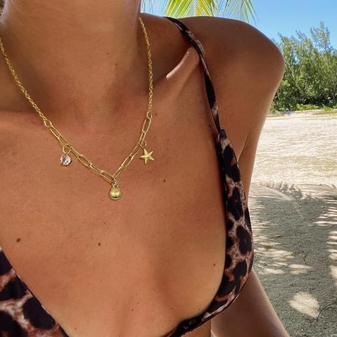 Shell Necklace for Women,14k Gold Plated Layered Starfish Conch SeaShell Pearl Pendant Charm Necklace,Non Tarnish Adjustable Stainless Steel Chain Stack Jewerly for Summer Beach Vacation