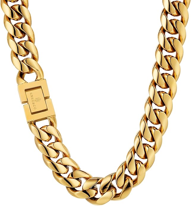 KRKC&CO Cuban Link Chain for Men 8/10/12/14mm, Brithday Gift for Men, 18k Gold Miami Necklace, Durable, Anti-Allergies Hip Hop Jewelry for Mens