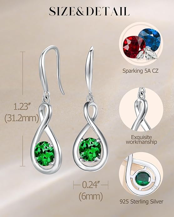 FANCIME Dangle Drop Earrings 925 Sterling Silver Dainty Infinity Round Gemstone Birthstone Jewelry Birthday Gifts for Her Women