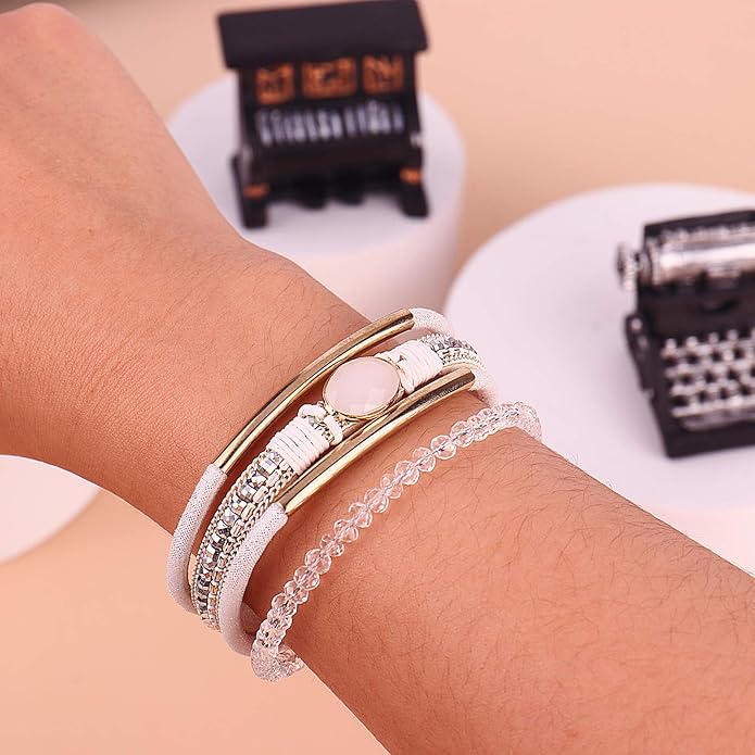 FANCY SHINY Leather Wrap Bracelets Crystal Beads Bracelet Boho Cuff Stone Charm Bracelets with Clasp Costume Jewelry for Women