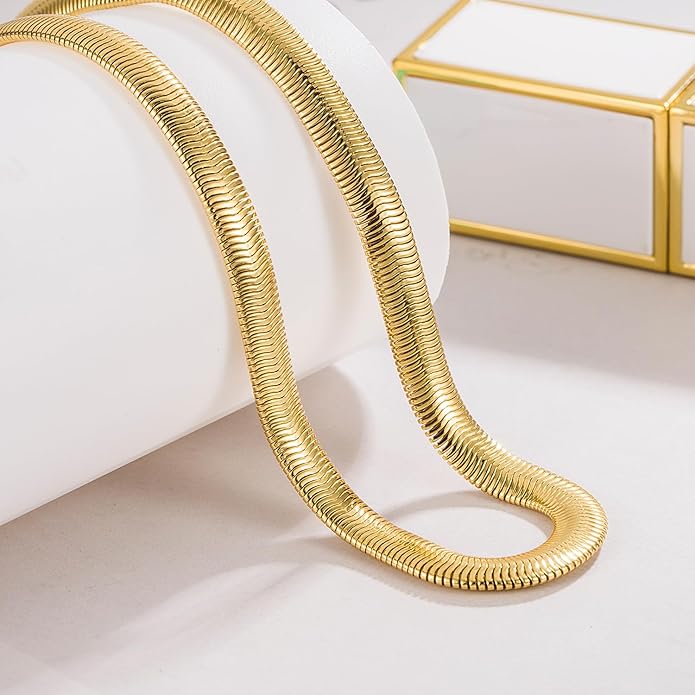 Dankadi Men 925 Sterling Silver Necklace Italian 6MM-8MM Flexible Flat Snake Chain Choker 16-30 Inch 24K Gold plated Fine Jewelry Gifts for Women