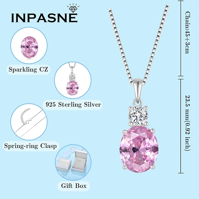 Birthstone Necklace for Women 925 Sterling Silver Oval Cut Cubic Zirconia Pendant Jewelry Gifts for Her