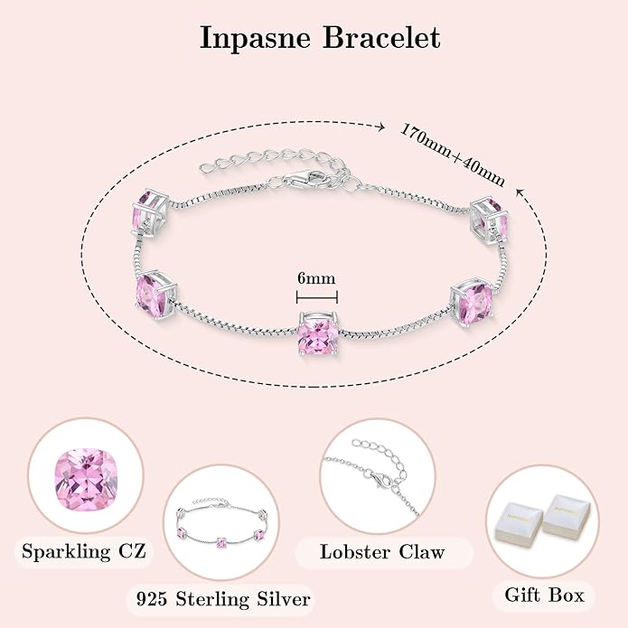 Birthstone Bracelet for Women 925 Sterling Silver Dainty Princess Cut Link Bracelet Jewelry Gifts for Her