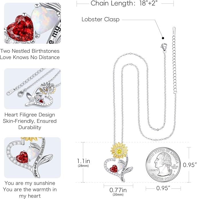 PERJI Valentine's Day Gifts for Women - 925 Sterling Silver Double Birthstone Sunflower Necklace, Anniversary Birthday Jewelry You are My Sunshine Gifts for Wife Couple Girlfriend 18"+2" Non Tarnish