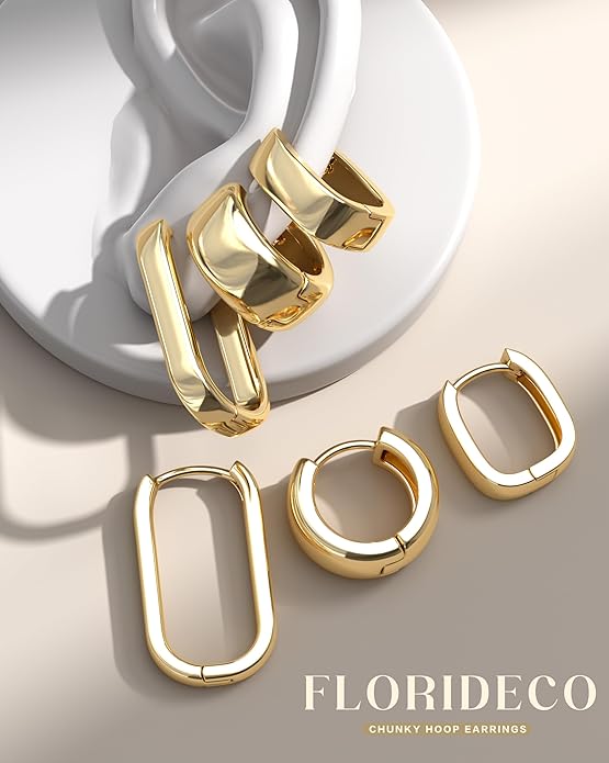 Florideco 3Pairs Chunky Gold Earrings Set 14K Gold Plated Hoop Earrings for Women Trendy Small Thick Huggie Hoops Earring Lightweight Silver Hoop Earring Sets for Multiple Piercing
