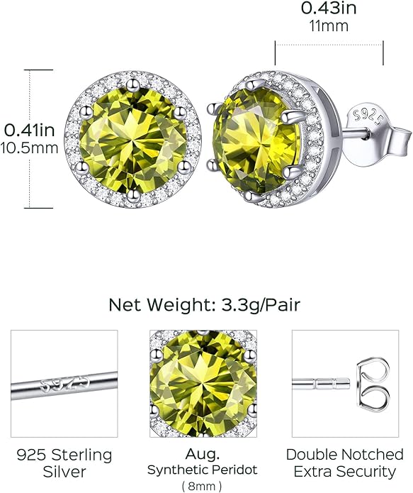 ChicSilver 925 Sterling Silver Birthstone Earrings for Women, 8MM/2 Carat Heart & Round Cubic Zirconia Stud Earrings, Hypoallergenic Jewelry, Ideal Birthday or Christmas Gifts