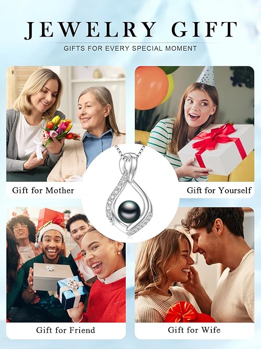 Tahitian Black Pearl Necklace Infinity Gifts for Women Wife Wedding Birthday Anniversary Jewelry Valentines Christmas Day Gifts 925 Sterling Silver