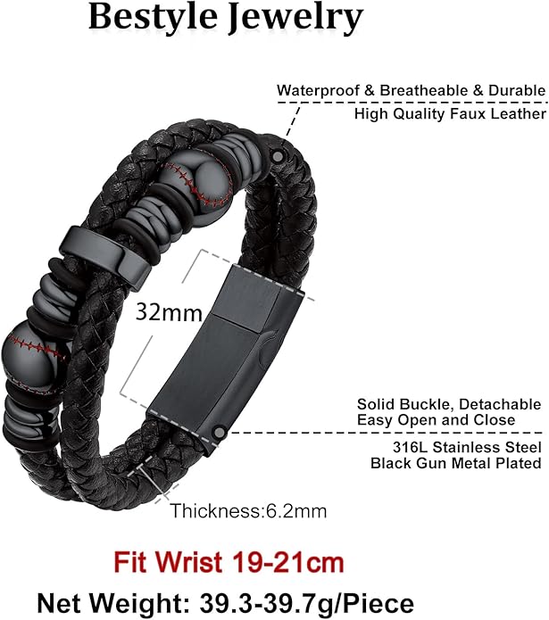 Bestyle Genuine Men Leather Bracelets Fashion Stainless Steel Celtic/Sport Ball Bead Cuff Wirstband Bracelets for Men, Size 7.5/8.3/9.1Inch
