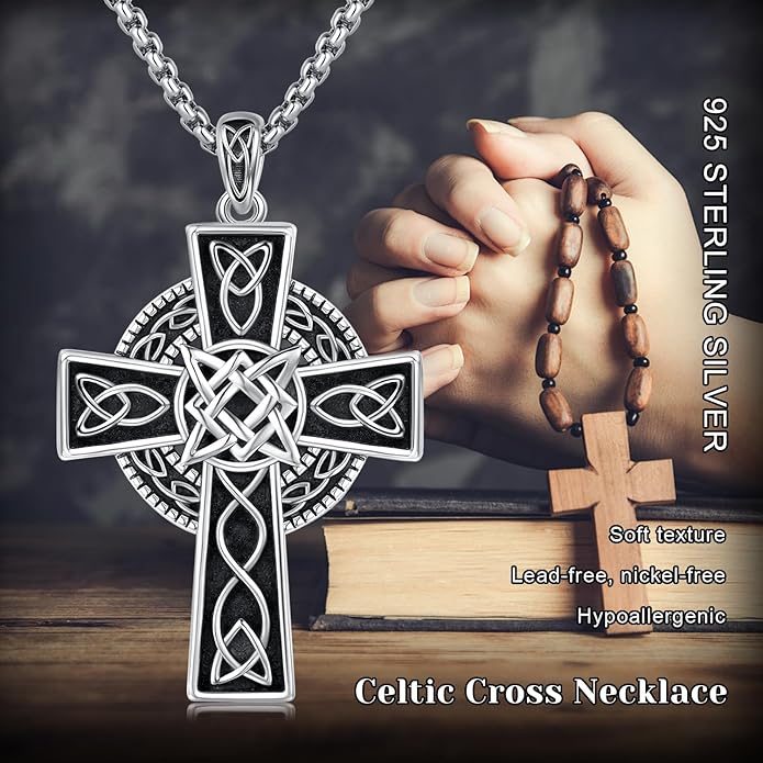Midir&Etain Celtic Cross Necklace 925 Sterling Silver Cross Pendant Necklace Celtic Viking Irish Jewelry Religious Protective Gift for Men Women