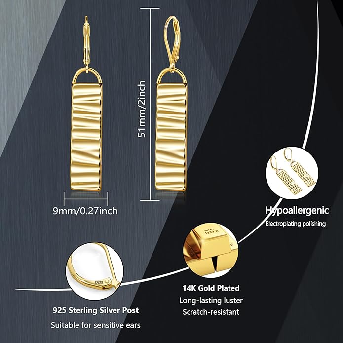 ALEXCRAFT 925 Sterling Silver Dangle Drop Earrings for Women, Hypoallergenic Lightweight Trendy Sterling Silver French Hook Leverback Earrings Long Hammer Bar Drop Earing for Women Statement Jewelry