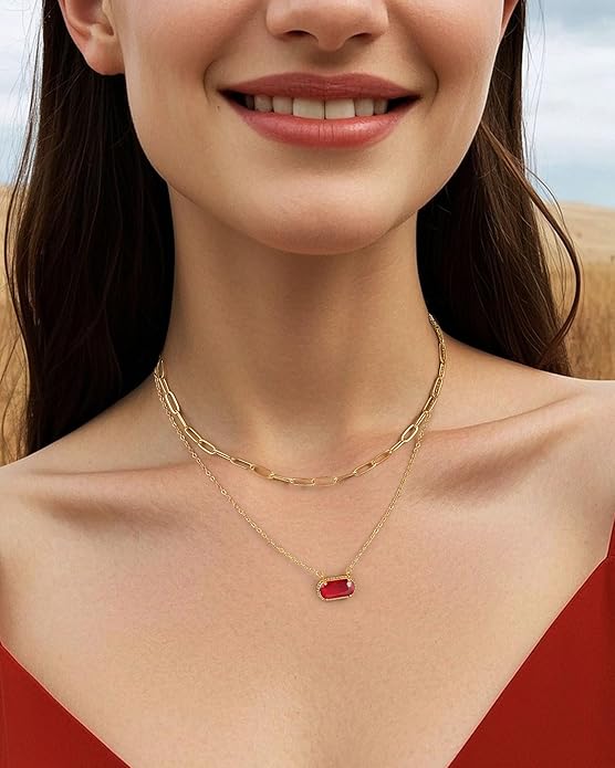 Lourny Gemstone Birthstone Pendant Layered Necklace for Women Trendy, 18K Gold Plated Paperclip Chain Preppy Choker Charm Necklace for Women Wife Jewelry