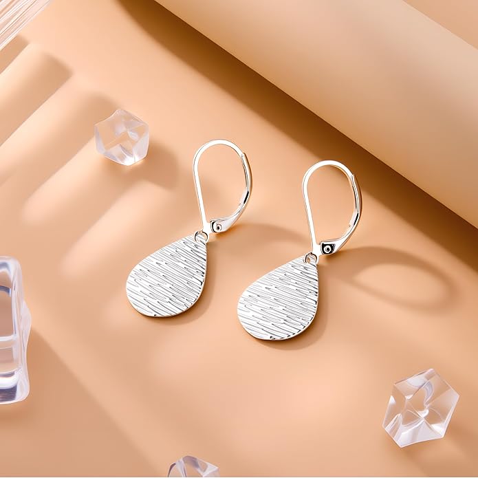 Sterling Silver Dangle Earrings for Women Trendy 14k Gold Dangle Drop Earrings Teardrop Hammered Leverback Earings for Women Jewelry Gifts