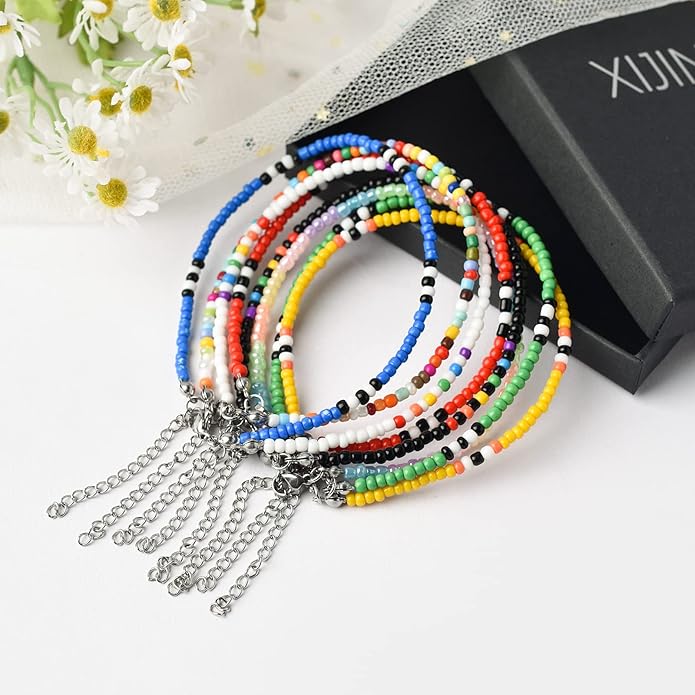 XIJIN 8Pcs Handmade Beaded Anklets for Women Boho Colorful Beads Ankle Bracelets Adjustable Foot Anklet Set