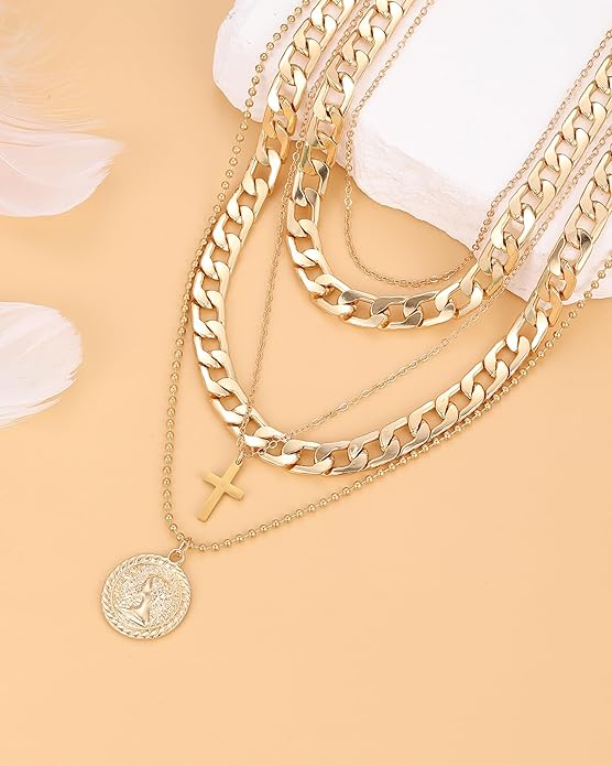 MJartoria Layered Necklaces for Women Trendy Retro Coin Pendant Necklace Dainty Chunky Chain Choker Necklaces for Jewelry Birthday Gifts