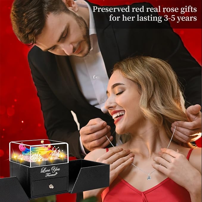 Preserved Color Real Rose with Heart I Love You Necklace -Eternal Flowers Rose Birthday Gifts for Women Her Mom Wife Girlfriend Grandma on Valentines Mothers Day Christmas Anniversary Romantic- Color