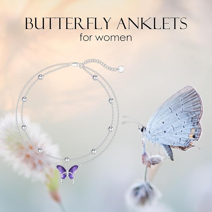 Diamond Butterfly Anklets for Women 925 Sterling Silver Animal Lover Double Layer Ankle Bracelet Jewelry Gift for Mom Wife Sister Friend,9"+2"