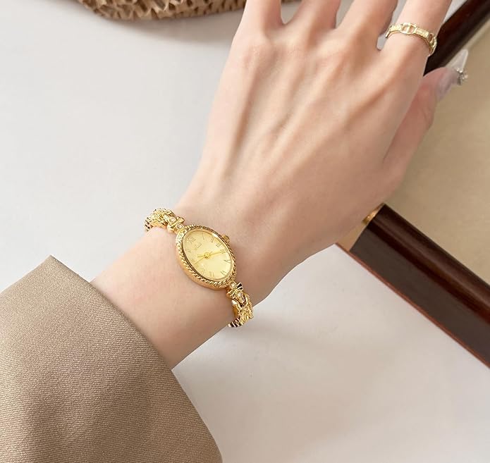 Women's Vintage Oval Watches Luxury Minimalism Bracelet Small Gold Tone Watch Ladies Analog Waterproof Watch Fashion Bangle Bracelet Dress Watch with Stainless Steel Band