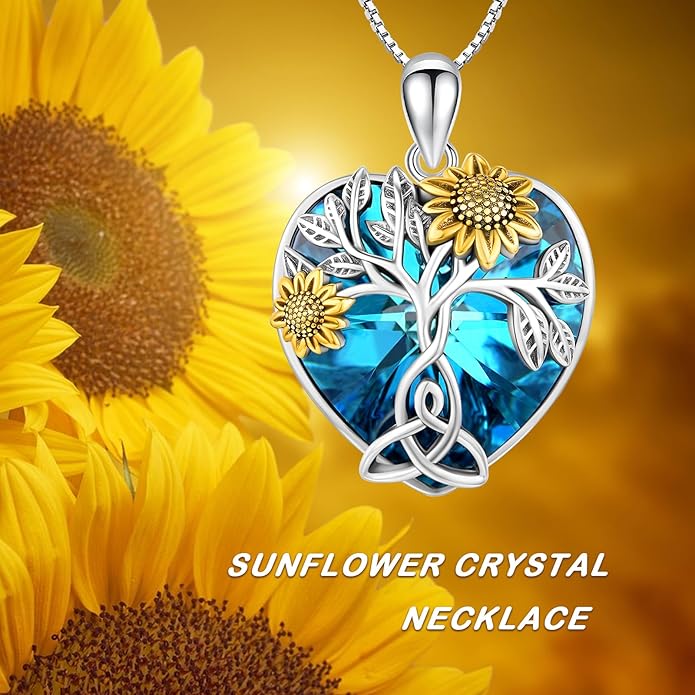 CHENGHONG Sunflower Necklace 925 Sterling Silver Tree of Life Necklace Daisy/Rose/Sunflower Pendant Necklace Sunflower Jewelry Gifts for Women Mom